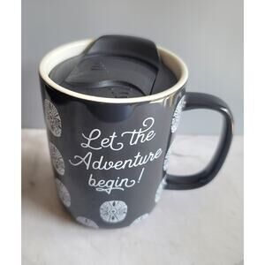 Let the Adventure Begin Coffee Mug with Lid by Opal House Black White Deco Art